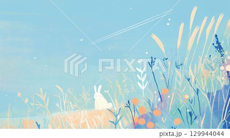 野原に座る白いうさぎのイラスト 野原に座る白いうさぎのイラスト 129944044