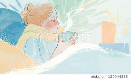 温かい飲み物を飲む女性のイラスト 129944358