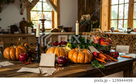 Peaceful Still Life Featuring Harvest Vegetables, Candles and Gratitude Notes 129944499