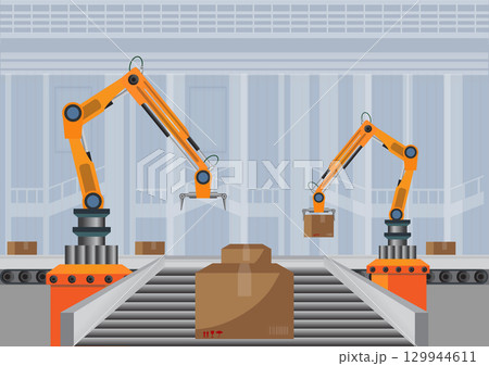 Conveyor line and Robotic equipment in factory. Robotic arms 129944611
