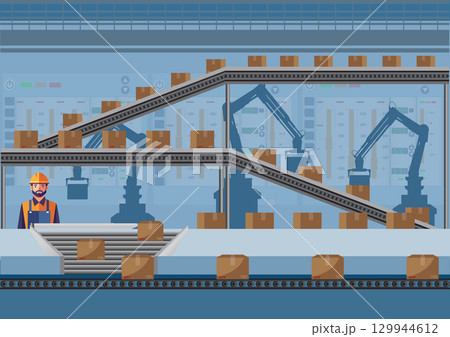 Conveyor line with cardboard boxes at factory. 129944612