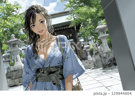 浴衣を着た若い女性のファッションポートレート 129944804
