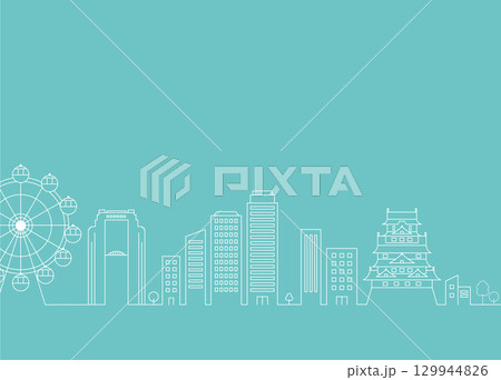 大阪城と観覧車が並ぶ大阪の街並み線画イラスト 129944826