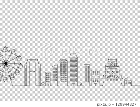 大阪城市景觀線條繪製插圖，包括大阪城和摩天輪 129944827