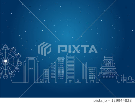 大阪の街並みの線画と星と夜のビルのイラスト 129944828
