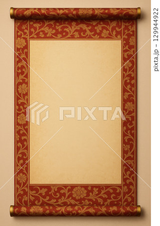 Elegant Japanese scroll with ornate red and gold decorative border and empty parchment space for calligraphy or traditional art background 129944922