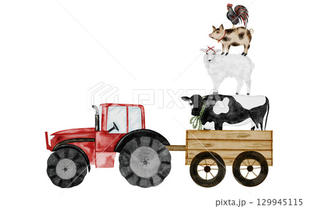 Cute farm animal and tractor with a cart. Hand drawn red tractor with a pyramid of animals on isolated white background. Country style clip art. Ideal for educational cards and posters 129945115