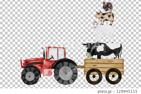 Cute farm animal and tractor with a cart. Hand drawn red tractor with a pyramid of animals on isolated white background. Country style clip art. Ideal for educational cards and posters 129945115