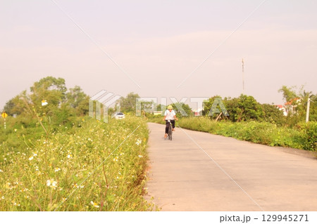rural road in vietnam with people riding bicycles and motorbikes 129945271