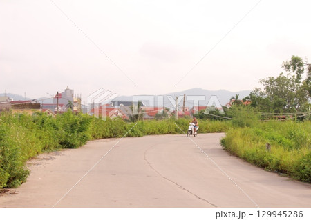 rural road in vietnam with people riding bicycles and motorbikes rural road in vietnam with people riding bicycles and motorbikes 129945286