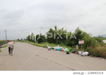 rural road in vietnam with people riding bicycles and motorbikes 129945314