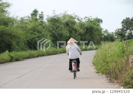 rural road in vietnam with people riding bicycles and motorbikes rural road in vietnam with people riding bicycles and motorbikes 129945320