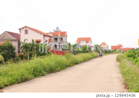 rural road in vietnam with people riding bicycles and motorbikes rural road in vietnam with people riding bicycles and motorbikes 129945436