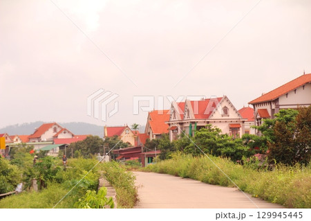 rural road in vietnam with people riding bicycles and motorbikes 129945445