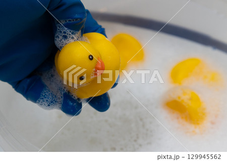 Rubber Ducks Being Washed in a Soapy Basin During a Fun Cleaning Activity 129945562
