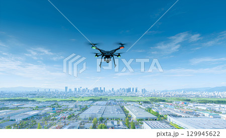 工業団地上空を飛行するドローン 129945622