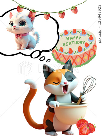 白猫ちゃんの誕生日に三毛猫ちゃん一生懸命ケーキ作り　イラスト 129945925