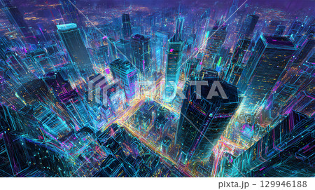 未来的な都市の夜景、光のラインで描かれたビジュアル 129946188