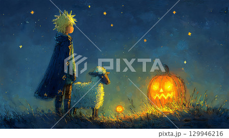 ハロウィンの夜に羊と少年が見つめるかぼちゃ 129946216