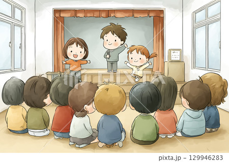 子どもたちがステージで演劇発表をしている 129946283