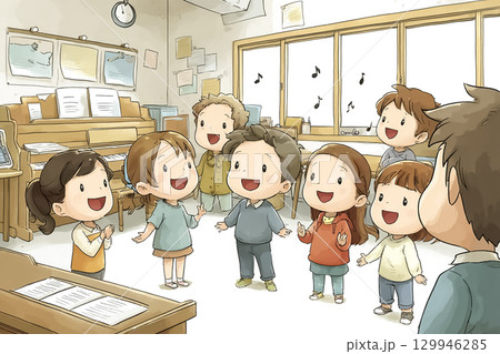 子どもたちが音楽室で歌を歌っているシーン 129946285