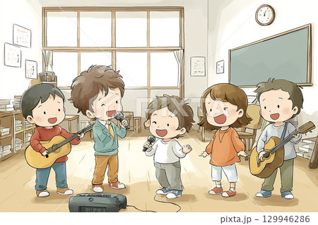 子どもたちが音楽室で演奏会をしている 129946286