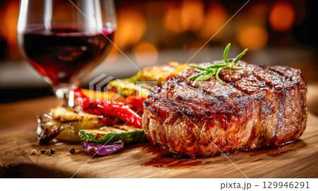 Grilled ribeye steak with fresh rosemary and roasted vegetables on a wooden board, gourmet dish with red wine 129946291