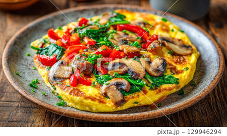 Fluffy vegetable omelette with mushrooms, spinach and red pepper, healthy homemade breakfast bowl 129946294