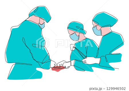 Minimalist line art illustration of a surgical team in operating room . Editable stroke . Vector . 129946502