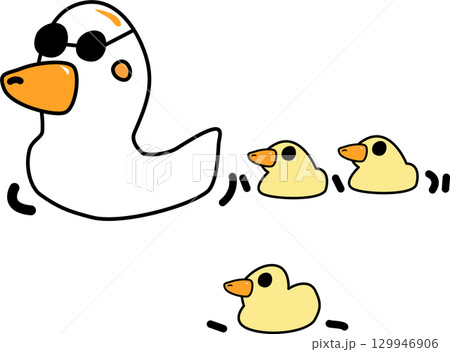 A Cartoon duck swimming with three ducklings following close behind 129946906