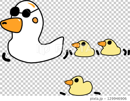 A Cartoon duck swimming with three ducklings following close behind 129946906