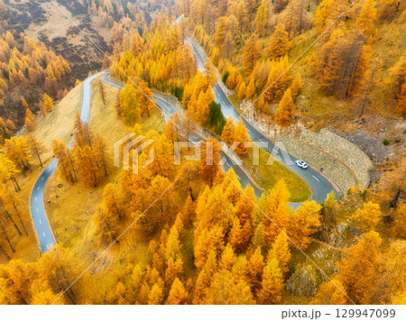 Drone view of a road with curves. Asphalt road in the middle of the forest. Autumn landscape Drone view of a road with curves. Asphalt road in the middle of the forest. Autumn landscape 129947099