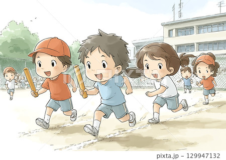 子どもたちがリレー競走でバトンをつなぐ運動会 129947132