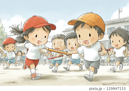 子どもたちがリレー競走でバトンをつなぐ運動会 129947133