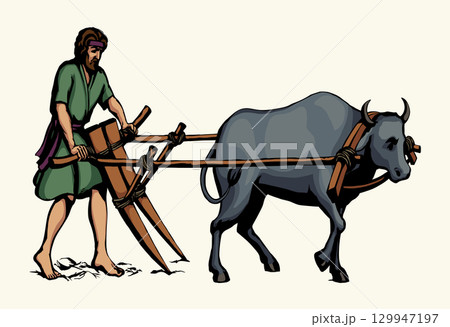 Vector drawing. Old wooden plow 129947197