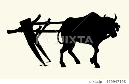 Vector drawing. Old wooden plow 129947198