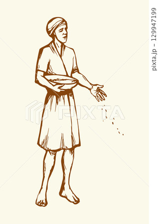Vector drawing. A man sowing wheat 129947199