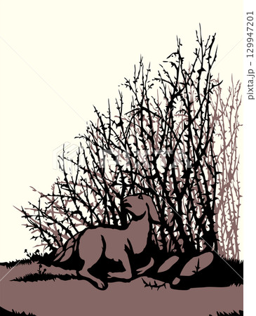 Vector drawing. The sheep got lost in the thorn bushes 129947201