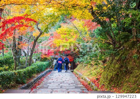 Japanese couple at fall maple tree tunnel at Adashino temple, Arashiyama Japanese couple at fall maple tree tunnel at Adashino temple, Arashiyama 129947223