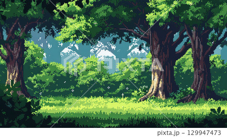Pixel 8-bit fantasy forest, tall trees, green foliage, grass foreground. Vintage style enhances game art appeal. 129947473