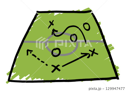 Soccer play chalkboard diagram with dusty chalk elements. Ready-to-use clipart for scheme sports manuals 129947477