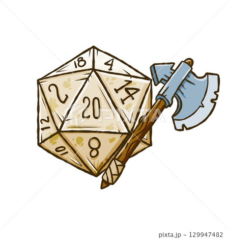 D20 dice with battle axe. Colorful fantasy set for DND roleplay. D20 dice with battle axe. Colorful fantasy set for DND roleplay. 129947482