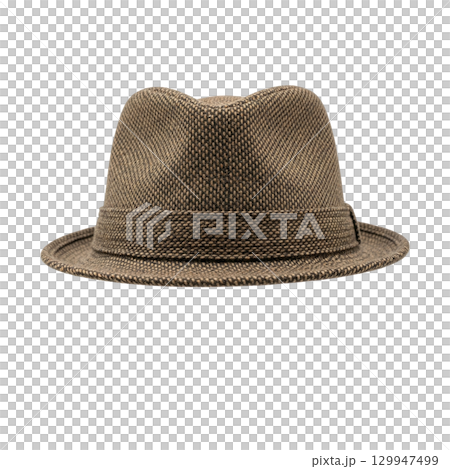 Classic brown tweed fedora hat with a narrow brim isolated on a white background front view 129947499
