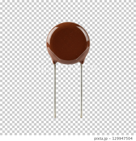 Brown ceramic disc capacitor electronic component with two wire leads for a printed circuit board Brown ceramic disc capacitor electronic component with two wire leads for a printed circuit board 129947504