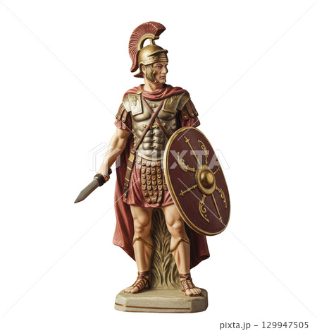 Majestic figurine of a roman centurion soldier with a crested helmet, shield, and sword 129947505