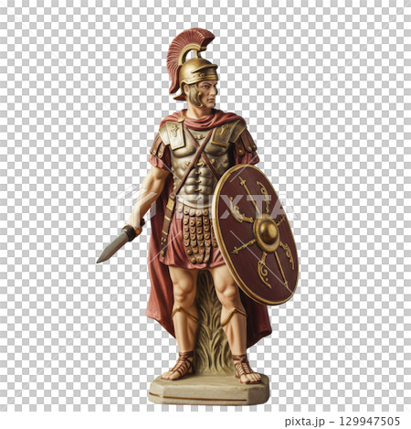 Majestic figurine of a roman centurion soldier with a crested helmet, shield, and sword 129947505