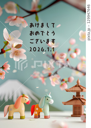 2026 年賀状素材（午年・干支・年賀状）タテ 129947646