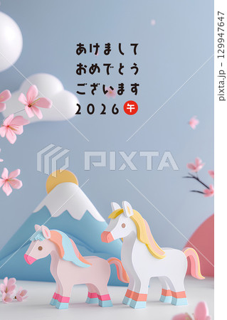 2026 年賀状素材（午年・干支・年賀状）タテ 129947647