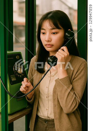 昭和の情景　電話ボックスの女性 129947859