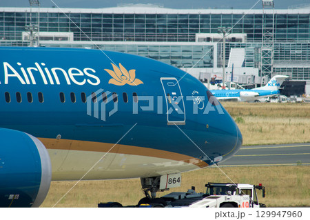 Frankfurt, Germany, July 9, 2017: Close-Up of Vietnam Airlines Boeing 787 on Taxiway Tow 129947960